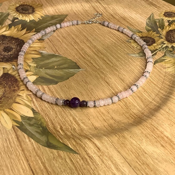 Beaded necklace handmade rose Quartz amethyst necklace empath - Picture 3 of 5
